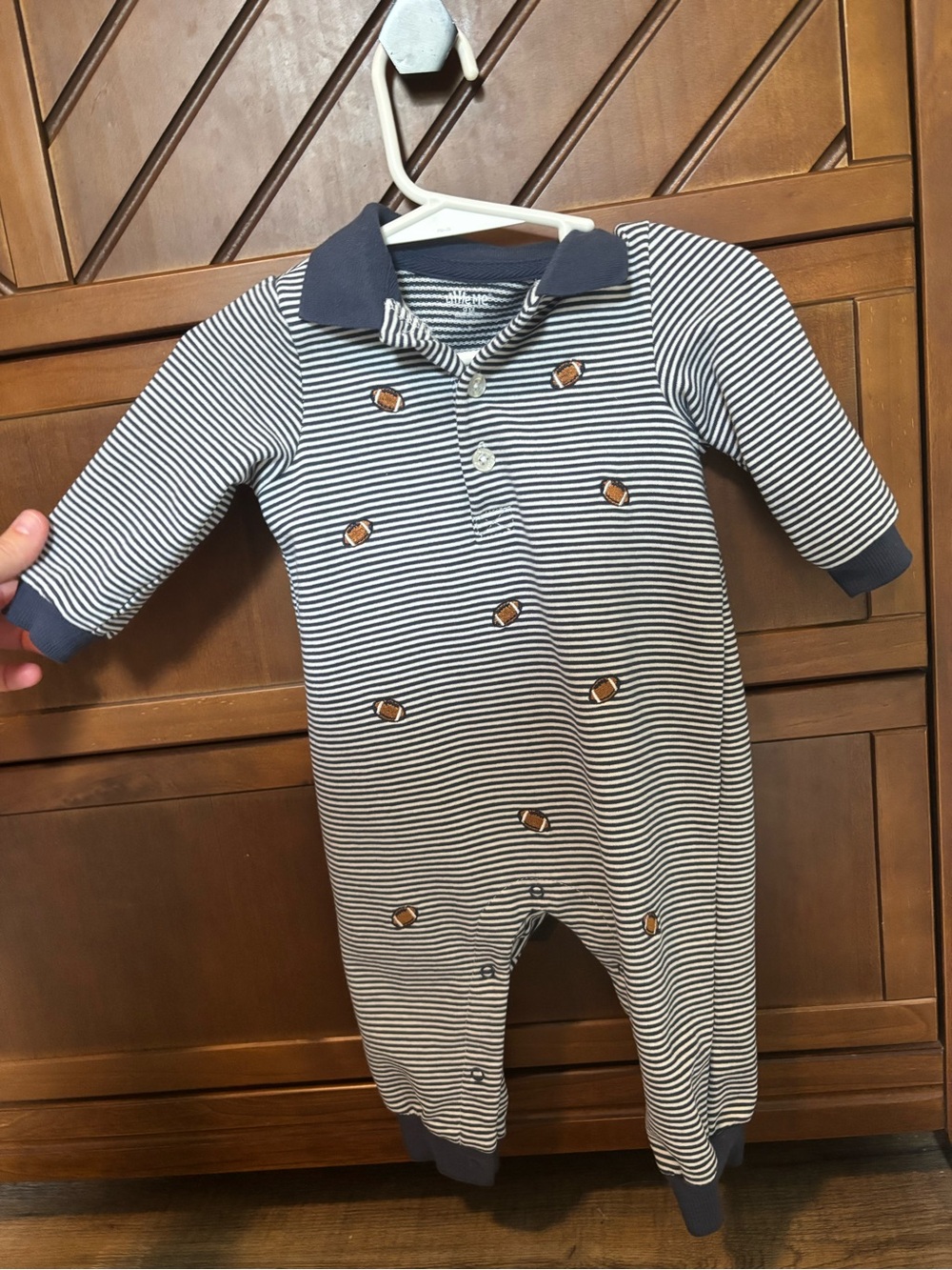 Little me Collared Striped Navy & White Football Print Baby One-Piece